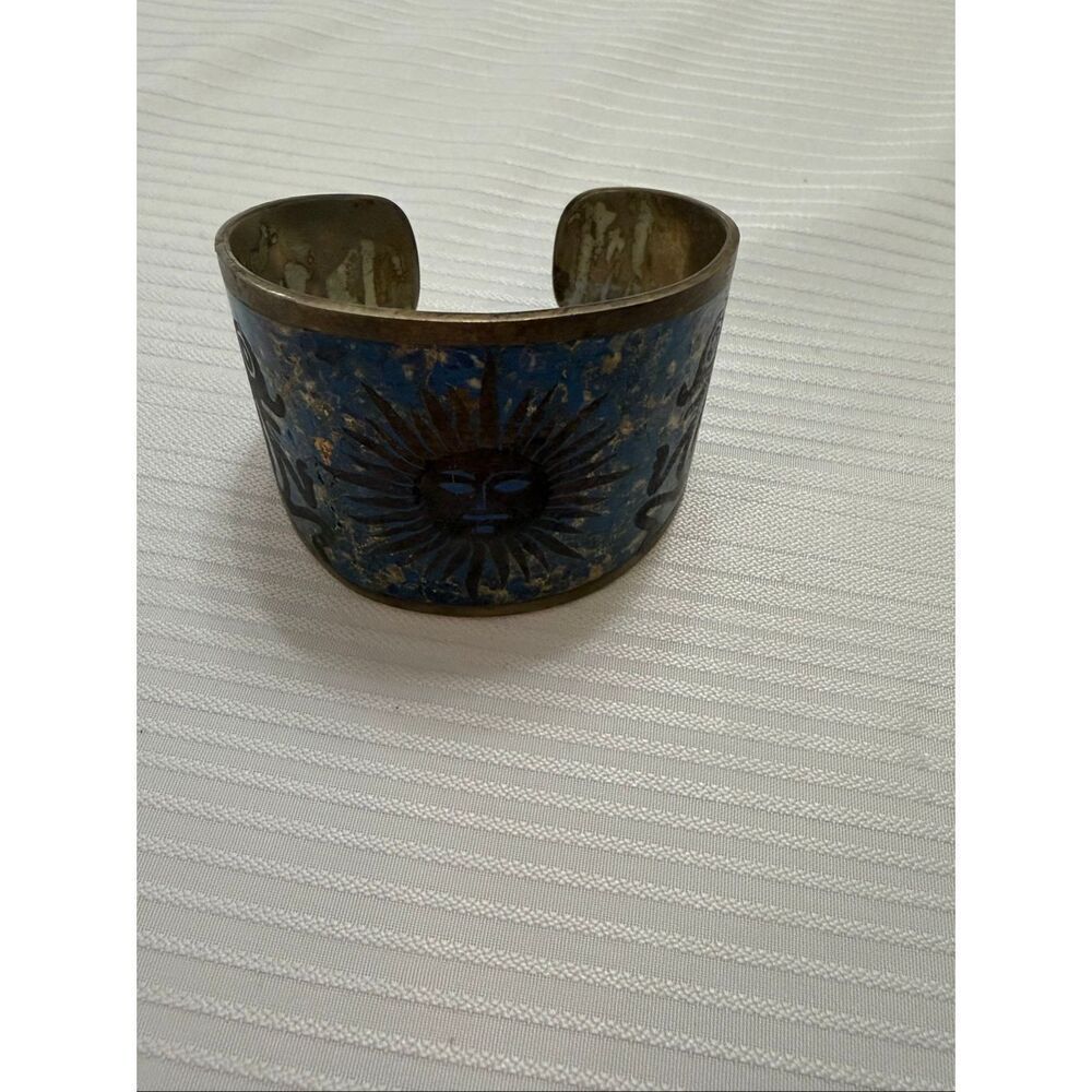 Vintage Taxco Mexico Alpaca Silver Cuff Bracelet Crushed Lapis Turquoise Inlay
